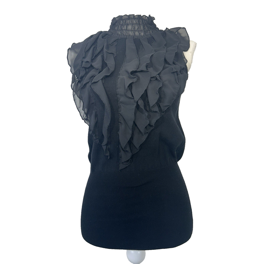 Tracy M‎ Knit Sleeveless Top with Ruffles Mock Neck Black Cute Goth Size M